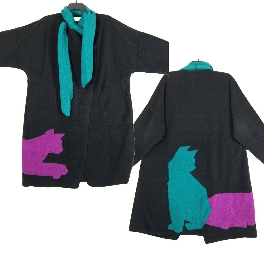 Vtg‎ Maralyce Ferree Jacket Women Black Fleece Cats Scarf Fiber Art Eclectic USA